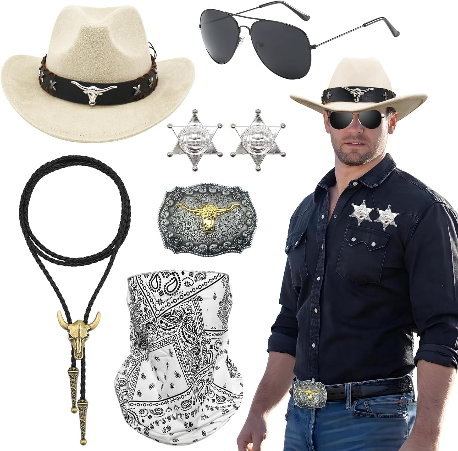 7-Piece Western Cowboy Costume Set, Cowboy Accessory Kit with Cowboy Hat, Sunglasses, Paisley Bandanas, Necklace, Badge, Bracelet for Men, Women, Halloween, Carnival Parties & Western Party image number 3