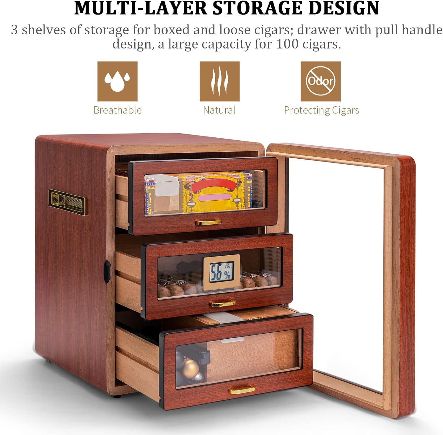 CIGARLOONG Cigar Humidor Cedar Wood 3 Drawers with Hygrometer and Humidifier Hidden Handle Moisturizing Box, Holds 100 Cigars Large Indoor Humidor（Cherry2）