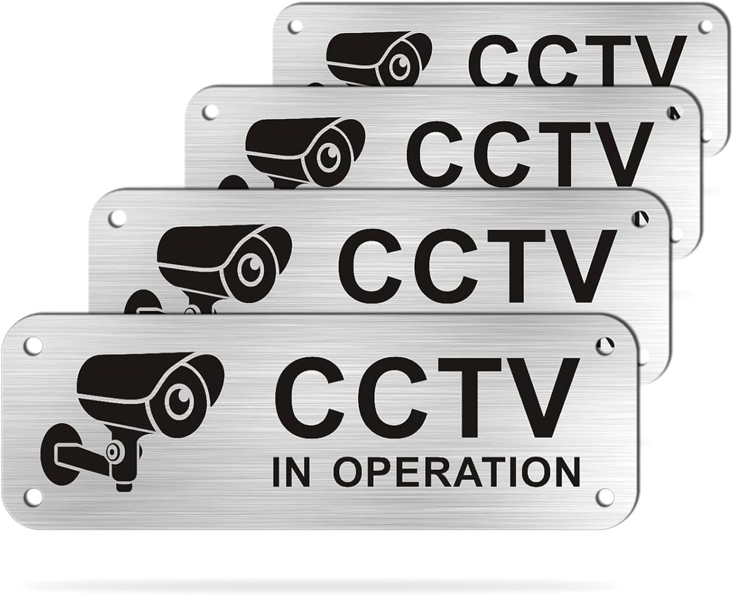 4 Pack CCTV in Operation Signs - 5.91X1.97 Inches Small Brushed Aluminum CCTV Warning Stickers, Self-Adhesive Waterproof CCTV Signs for Doors, Walls, Windows Indoor/Outdoor image number 1