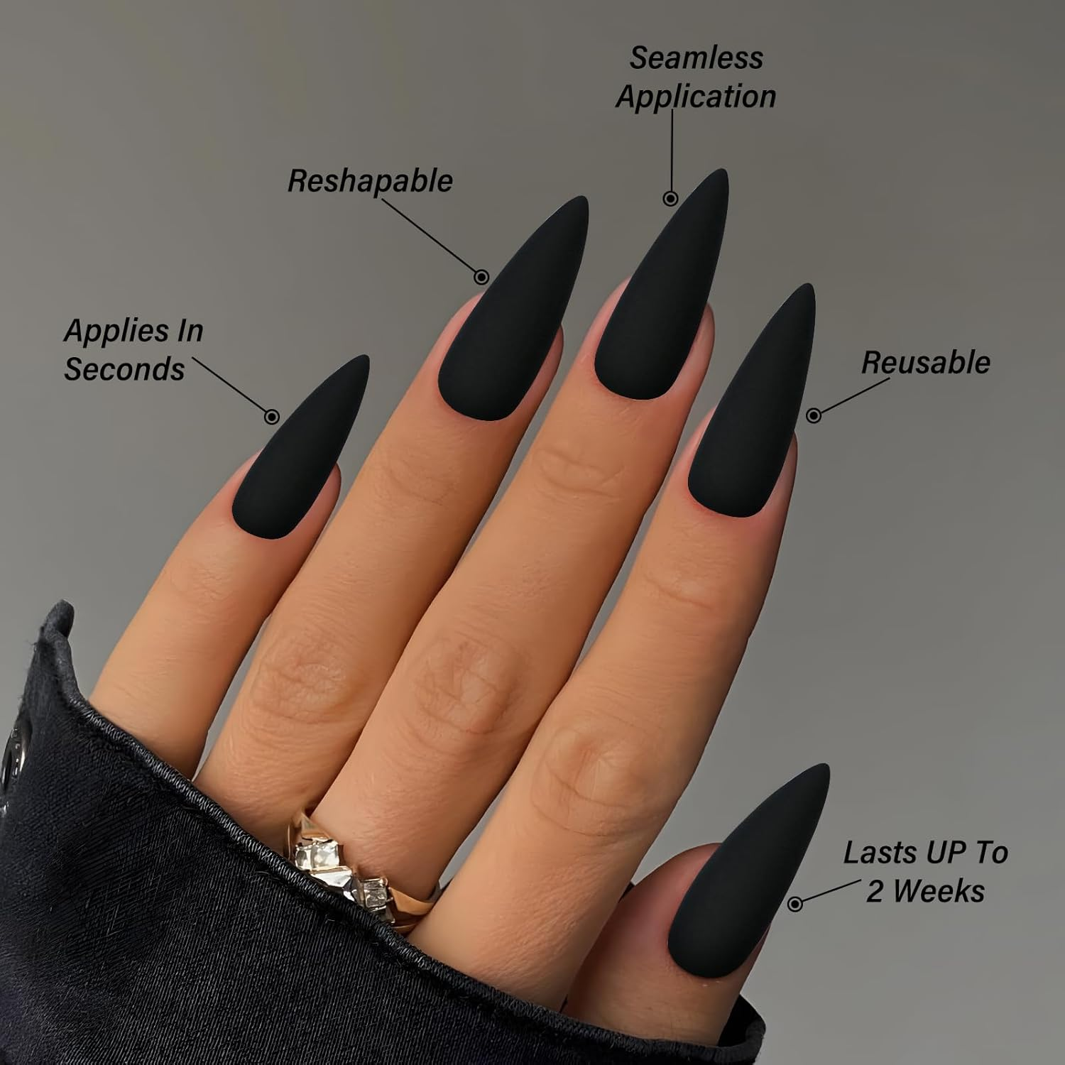 Loveourhome 100Pc Stiletto Press on Nails Long Matte Artificial False Nails Full Cover Acrylic Nail Tips Halloween Manicure Design Decor for Women Girls Salon Home DIY (Black) image number 1