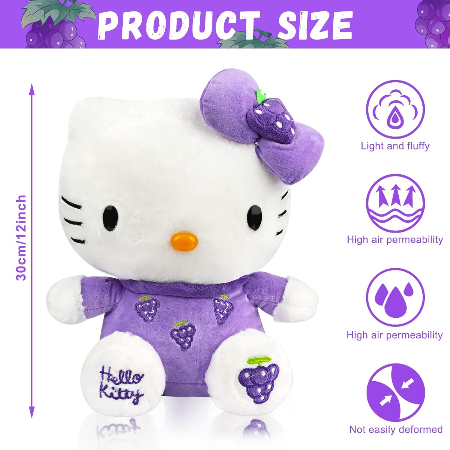 Hello-Kitty Plush Toy, Hello Kitty Cuddly Toy, 30 Cm Kawaii Cat Plush, Plush Large for Children, Plushie Toy for Girls, Birthday Party (Purple Grapes) image number 3