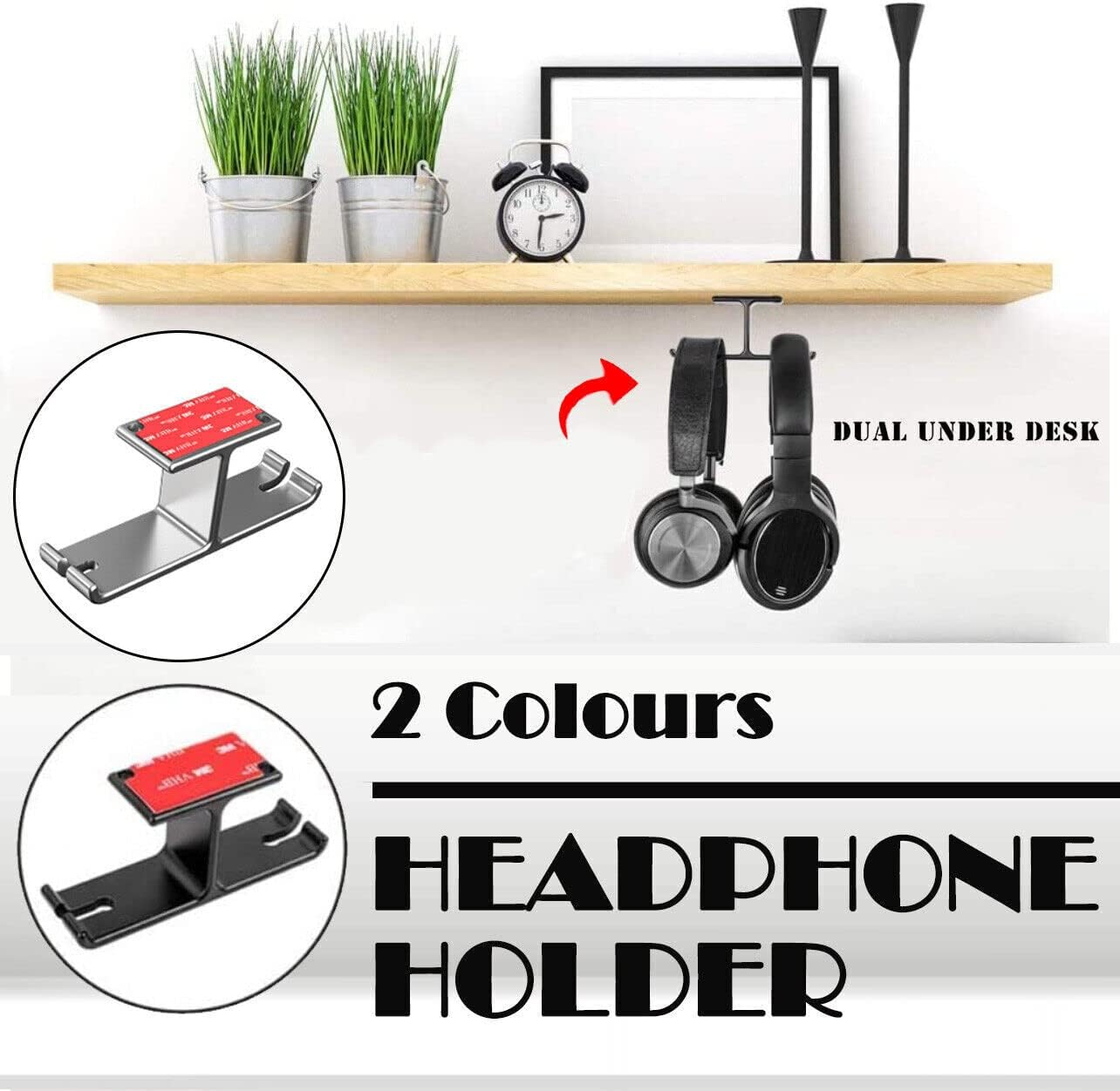 AIMALL Universal DJ Headphone Hanger Hook - Dual Headset Mount Holder under Desk with Cable Organizer, Sturdy Aluminum Alloy, Easy Installation - Black image number 3