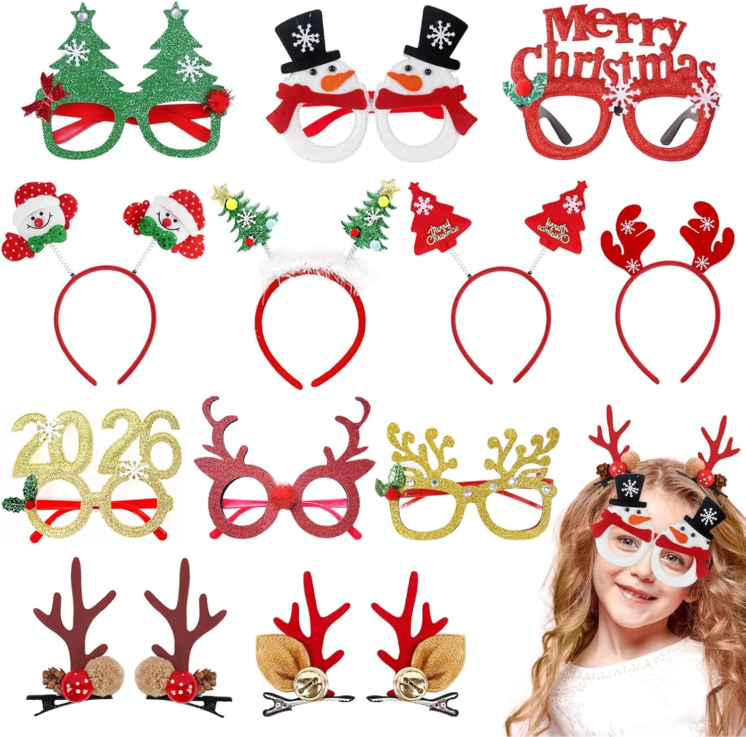 Christmas Glasses Frame and Headbands Set 12Pcs, Cute Head Hat Toppers, Holiday Party Decorations Decorations Gift, Christmas Party Supplies for and Holiday Parties