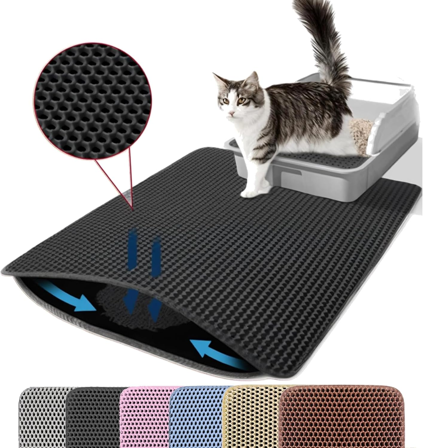 Petinstinct Cat Litter Mat, 24X18 Inches Large Honeycomb Double Layer Cat Litter Trapping Mat, Non Slip Waterproof Urine Proof Cat Litter Box Mat, Kitten Supplies and Essentials, Brown