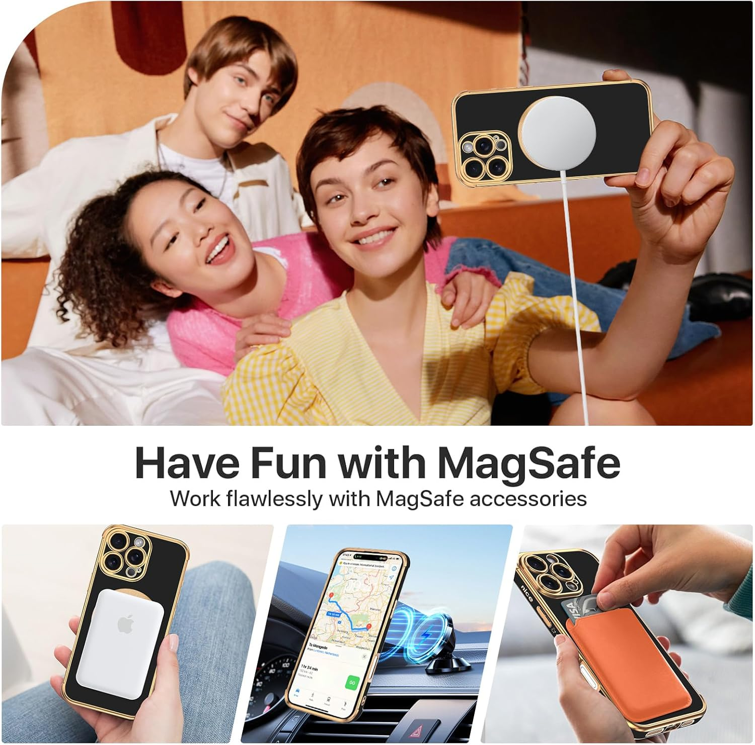 GUAGUA Magnetic Case for Iphone 16 Pro,[Compatiable with Magsafe] Soft TPU Gold Plating Cover Women Girl Drop Protection & 4 Corners Shockproof Stylish Phone Cover, Black image number 6