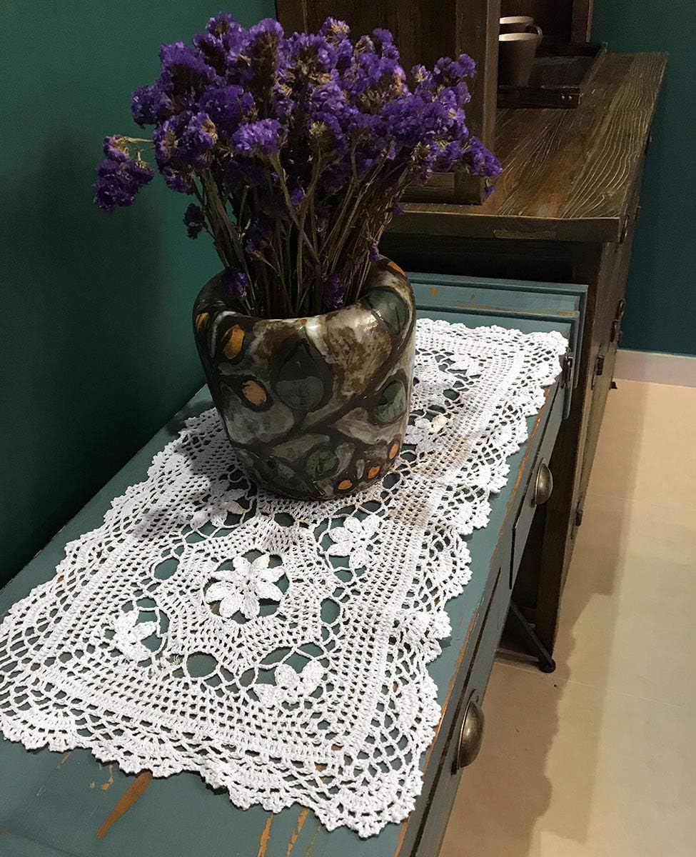 Janef White Handmade Crochet Cotton Table Runner Lace Doilies Doily Rectangle Dresser Scarves,16 by 28 Inches. image number 3