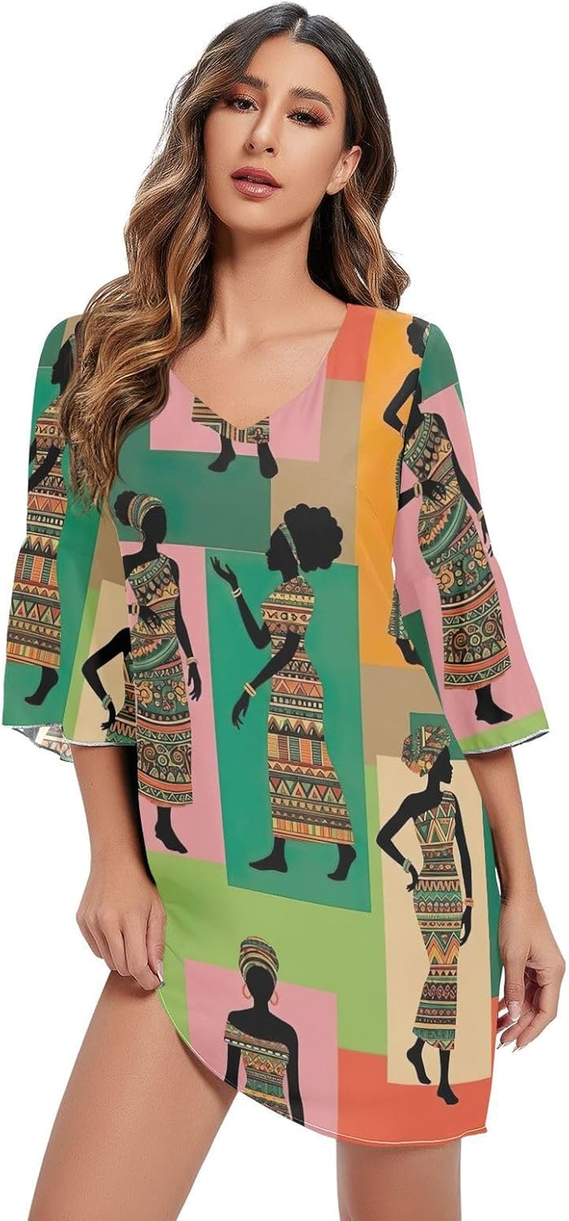 Retro Women Colorful Elegant V Neck Dress Printed Line Maternity Dress