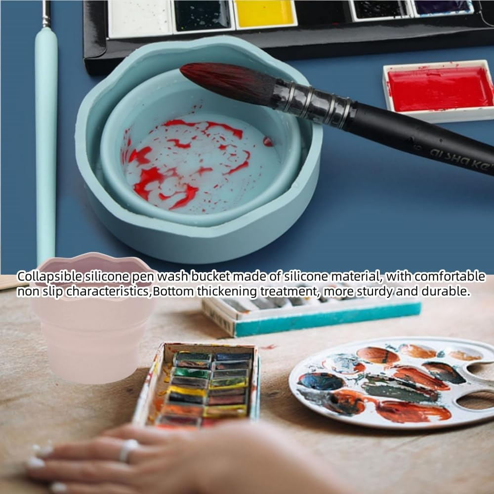 2PCS Collapsible Paint Brush Cleaner Cup,Silicone Handy Paint Cups for Painting Portable Silicone Washing Bucket Brush Holder Cleaner for Watercolor Oil Painting image number 5