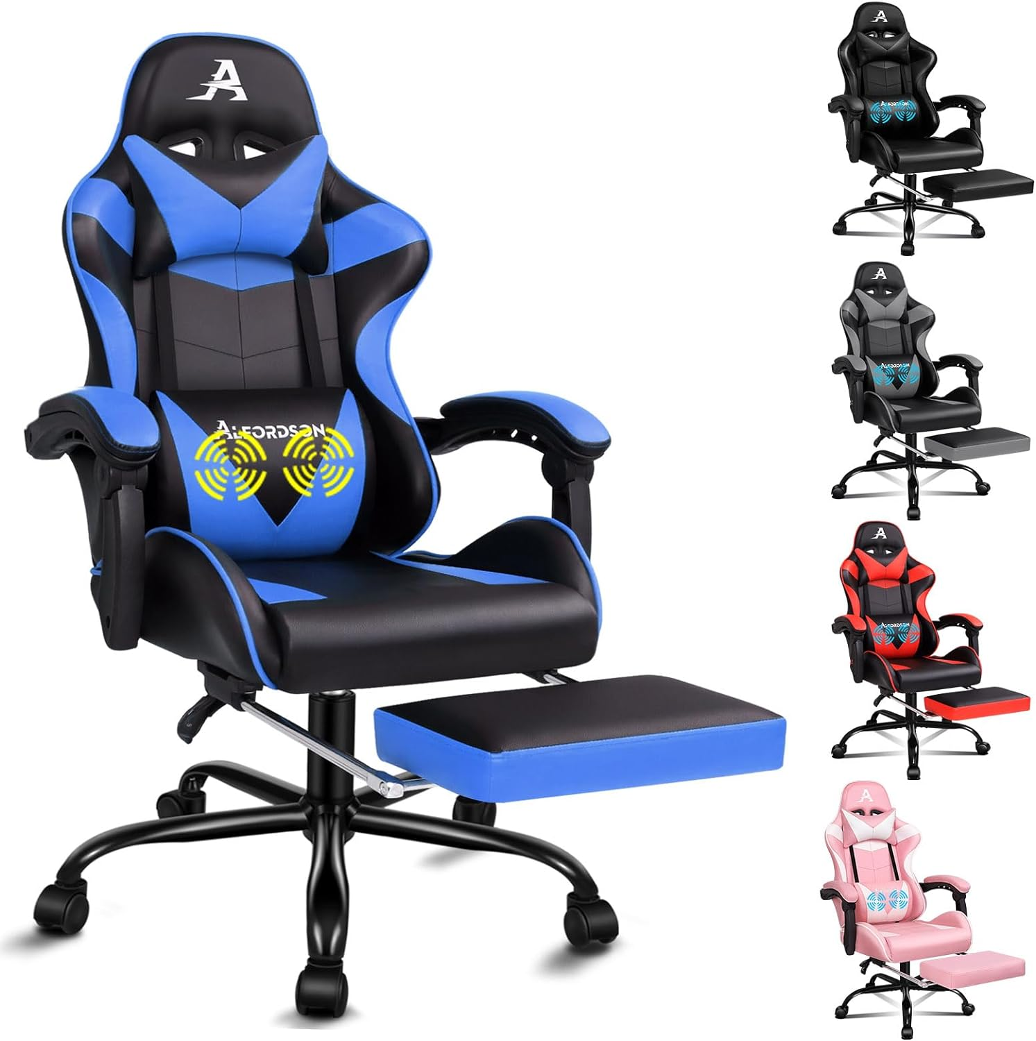 ALFORDSON Gaming Chair with Massage and 150&deg; Recline, Ergonomic Executive Office Chair PU Leather with Footrest, Adjustable Height Racing Chair with SGS Listed Gas Lift, Max 180Kg(Blue)
