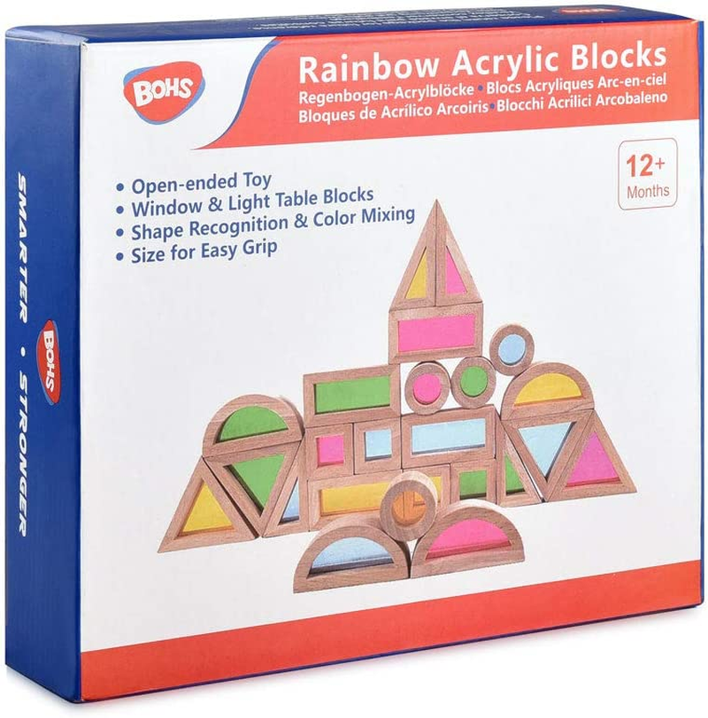 BOHS Rainbow Acrylic Blocks (24 Pcs) - Wooden Toys for Toddlers- Play on Light Table/Sunny Window image number 2