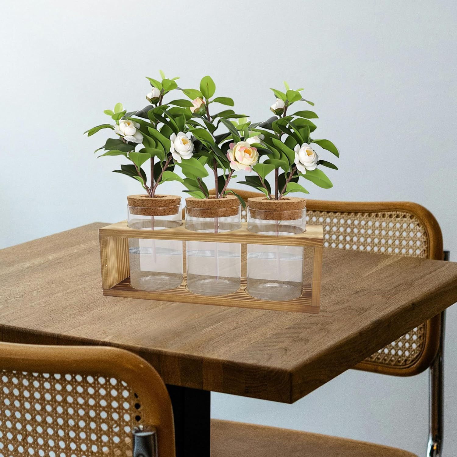 Clear Plant Propagation Station with Retro Wooden Stand, Glass Plant Terrarium Decor with 3 Vase, Desktop Plant Stand for Hydroponic Home Office Garden Decor, Plant Lover Gifts (3 Vase)