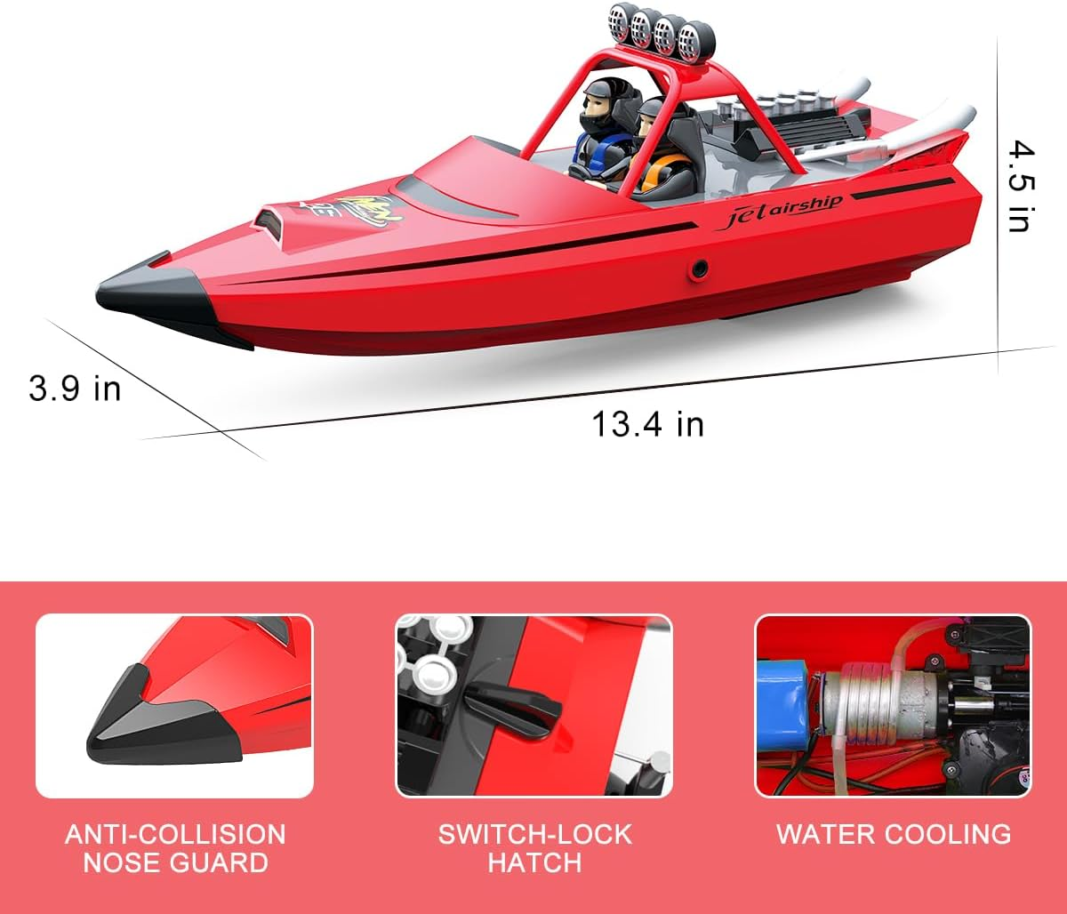 Hitish RC Boat for Kids Adults 2.4Ghz Remote Control Boats with LED Light for Pool Lakes Water, 20MPH Fast Speed Racing Jet Boat, Boat Toy for Boys Girls, 2 Rechargeable Batteries 40+ Mins, Red - Red image number 6