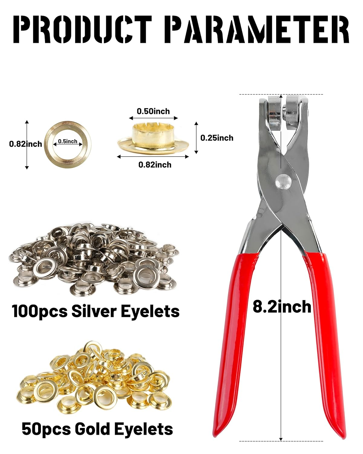 150Pcs 1/2 Inch Grommet Tool Kit, Grommet Kit, Eyelet Kit with Leather Hole Punch Pliers, 150 Metal Eyelets and Grommets in Gold and Silver for Leather, Shoes, Fabric, Belts