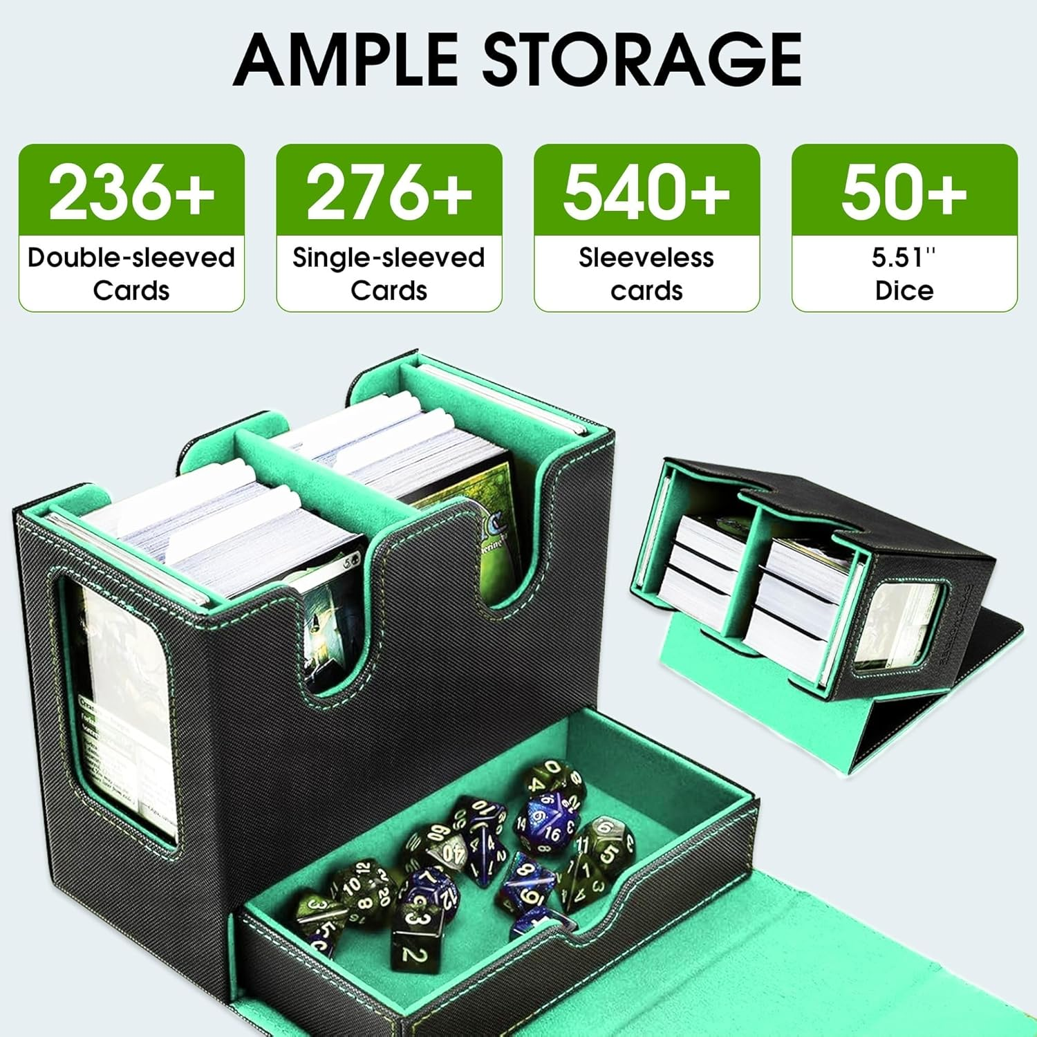 MTG Deck Box for Commander Handle Design, Trading Card Storage Box Organizer Holds 236+ Double-Sleeved Cards, Magnet Case with Dice Tray, 2 Card Holders, 4 Card Dividers for TCG (Green) image number 3