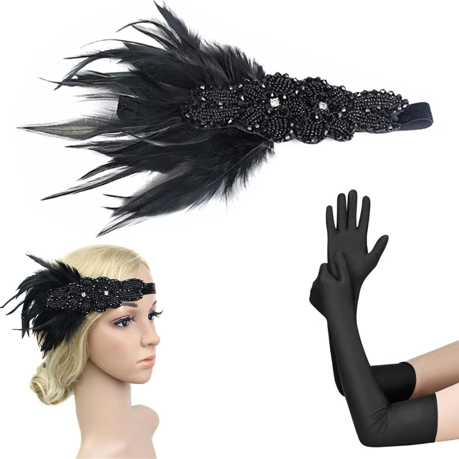 Feather Headwear,1920S Vintage Gatsby Party Headpiece Women Flapper Feather Headband Costume Accessories for Party Halloween(With Gloves) image number 6