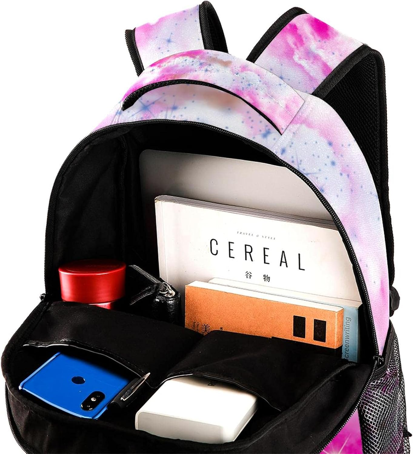 Illustration Pink Sky Twirls White-Blue Clouds Space Design Stars Psychedelic Backpack Students Shoulder Bags Travel Bag College School Tote Backpacks image number 4