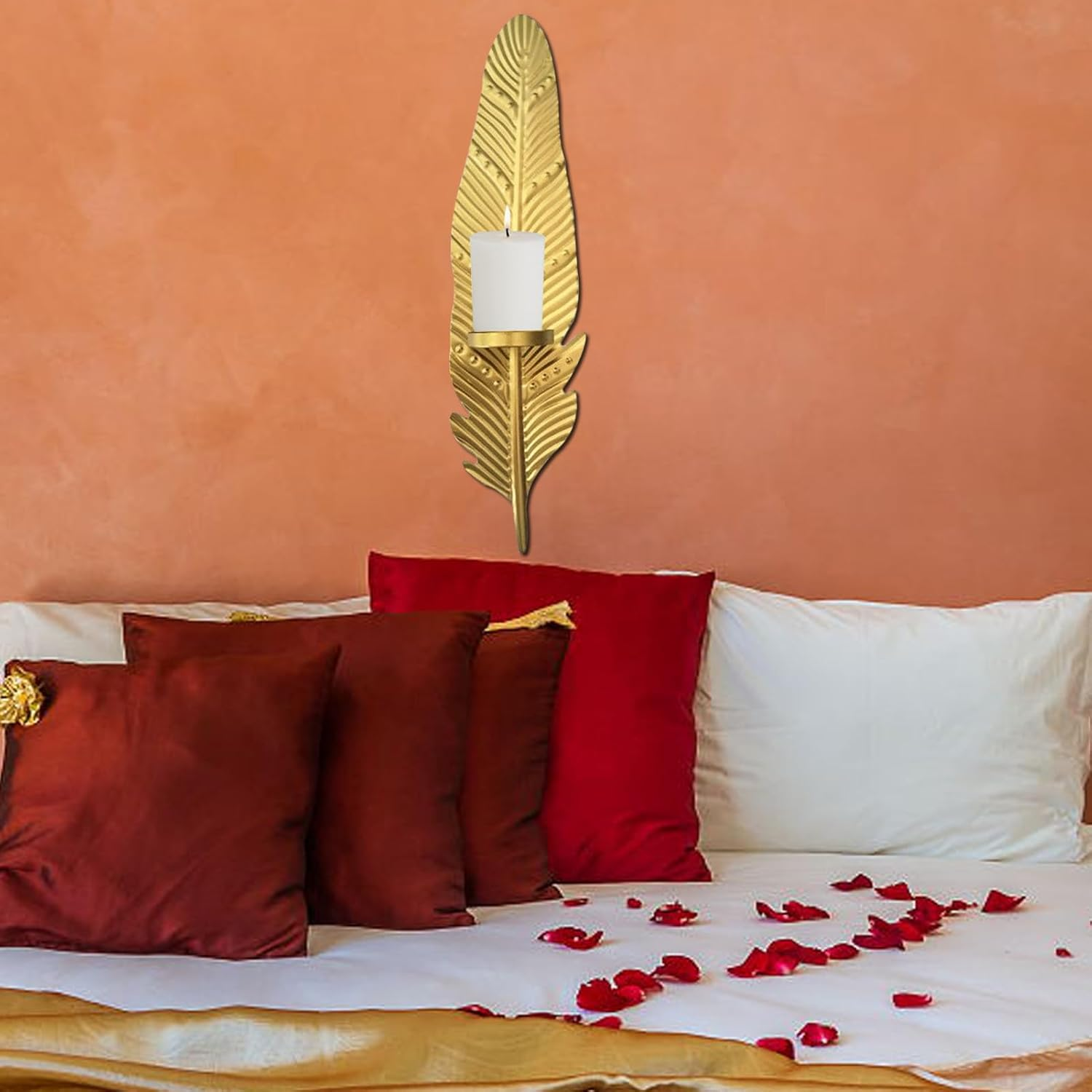 Golden Leaf Wall Sconces Candle Holders - Wrought Iron Tea Light Holder | Wrought Iron Wall Art Decorations, for Bathroom, Living Room, Dining Room, Patio, Weddings, Events (1Pcs) image number 6