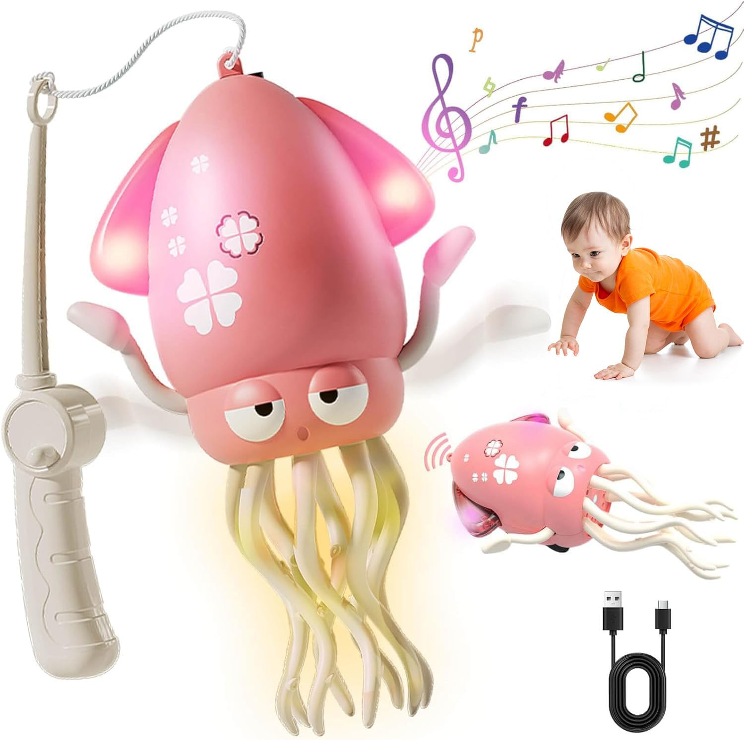 Electric Dancing Octopus Toy, Rechargeable Crawling Octopus Toys with Automatic Obstacle Avoidance, with Lights Music and Fishing Rod, Kid Crawling Toys Suitable for Tummy Time (Pink) image number 3