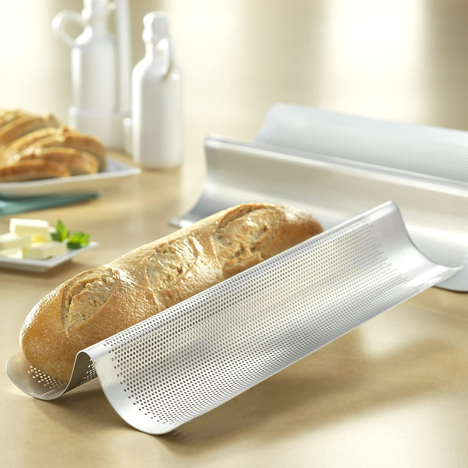 USA Pan Bakeware Aluminized Steel Perforated Italian Bread Pan, 2-Loaf, Silver