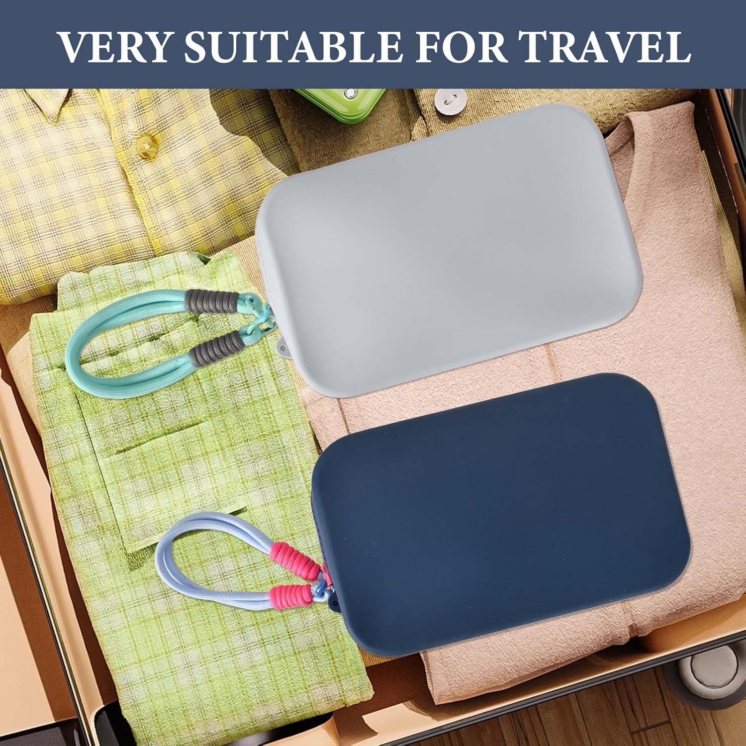 Waterproof Silicone Cosmetic Bag, Pack of 2 Make up Bag with Handle, Silicone Bag, Travel Bag, Portable Travel Bottles, Cosmetic Makeup Brush Storage, Light Blue, Dark Blue, Flexible - Orange, Pink image number 2