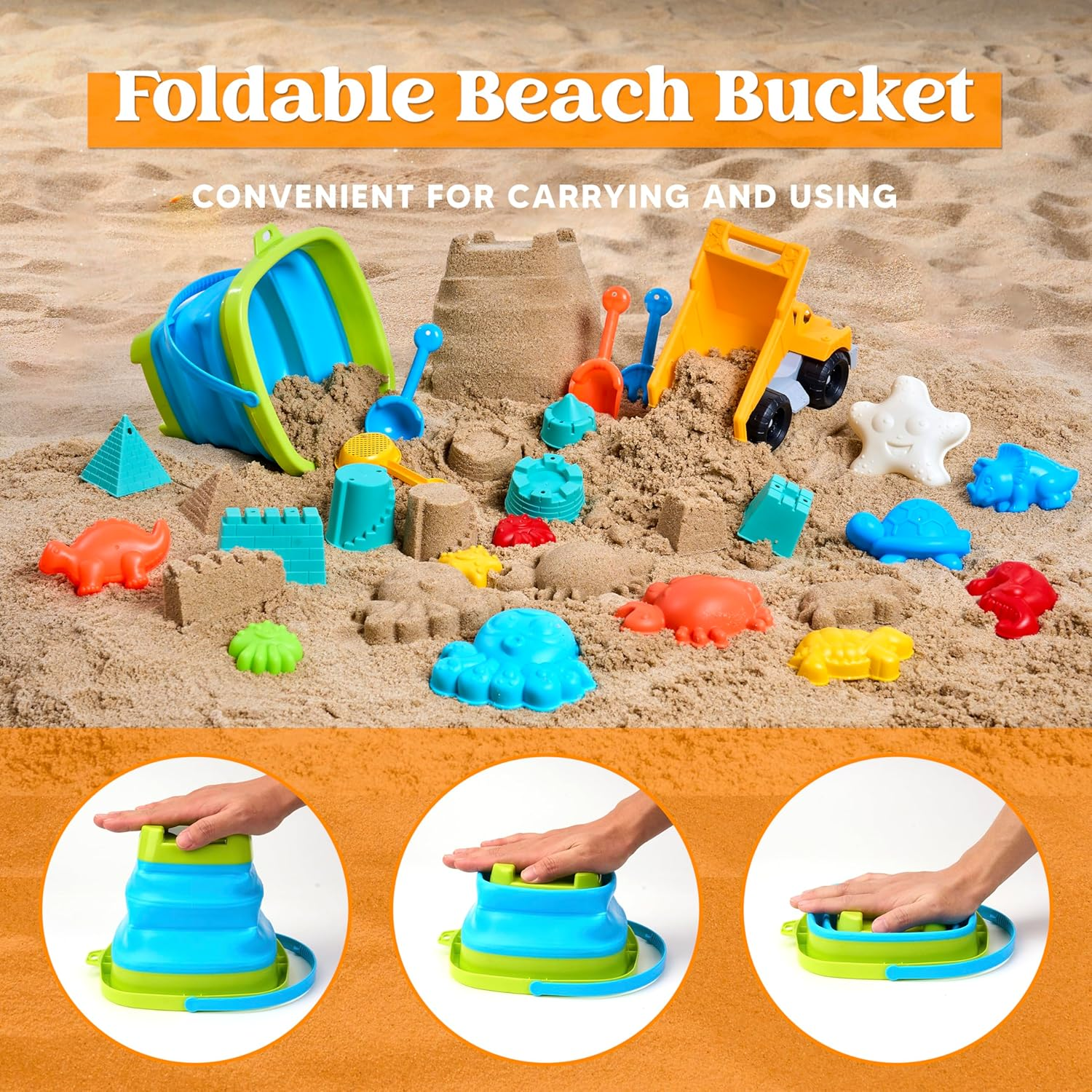 Sloosh Beach Sand Toys Set - Dump Truck Car Toy with Sand Molds for Toddlers Outdoor Play, Collapsible Foldable Buckets Mesh Bag Shovels Castle Animal Mold Sets, Kids Ages Sandbox Toys (Animals) image number 1