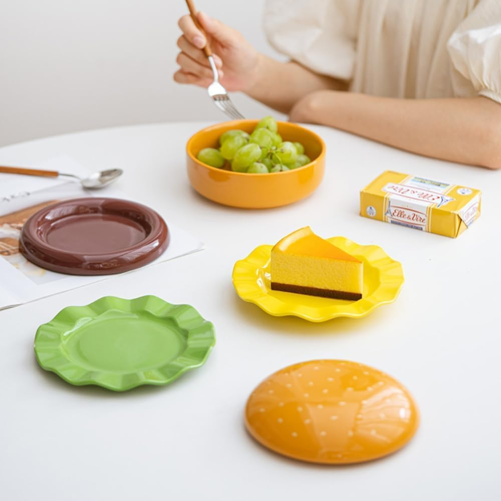 ROROUP Ceramic Hamburger Plates and Bowls Sets, 5-Piece Burger Shape Bowl and Plate, Novelty Stackable Burger Dinnerware Set for Afternoon Tea, Desserts, Biscuits, Steaks, Fun and Cute image number 3