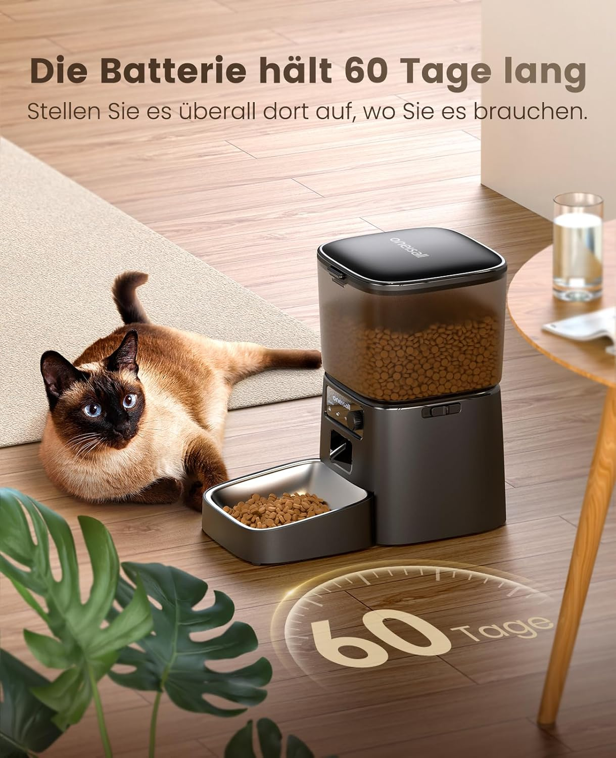 Oneisall Automatic Cat Feeder, 3.5L Smart Timed Pet Feeder Dry Food Dispenser with Desiccant Bag for Cats/Dogs, App Control,1-12 Meals a Day,10S Meal Call,Dual Power,Stainless Steel Bowl(Black) image number 2