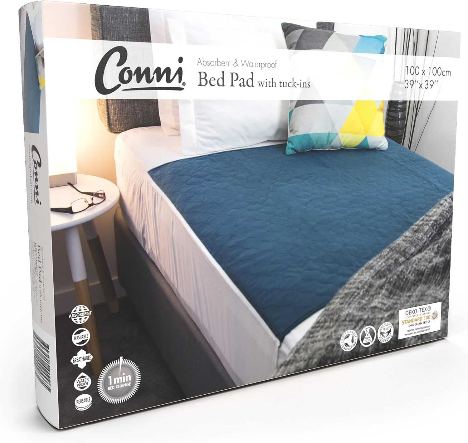 Conni Reusable Bed Pad with Tuck-Ins, Absorbent, Waterproof and Washable Protector Pad for Incontinence, Bed Wetting and Perspiration, Teal Blue, 100 X 100 Cm