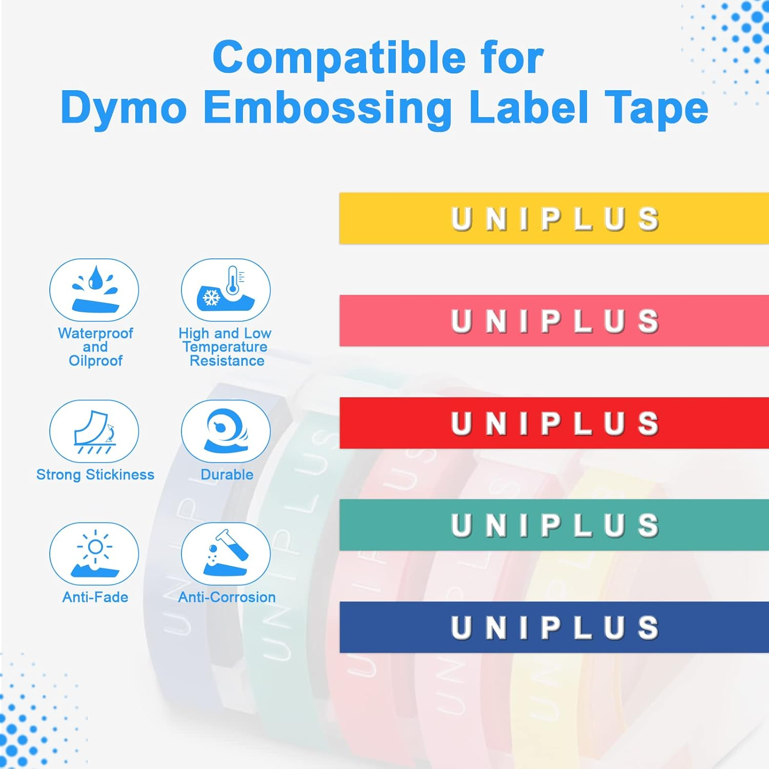 Uniplus 5 Rolls 3D Label Tape Replacement for Dymo Embossing Tape 9Mm X 3M for Dymo Omega Home Junior Organizer Xpress Pro Office-Mate II Motex E-101 E-303 Light Yellow/Light Blue/Light Green/Light image number 4