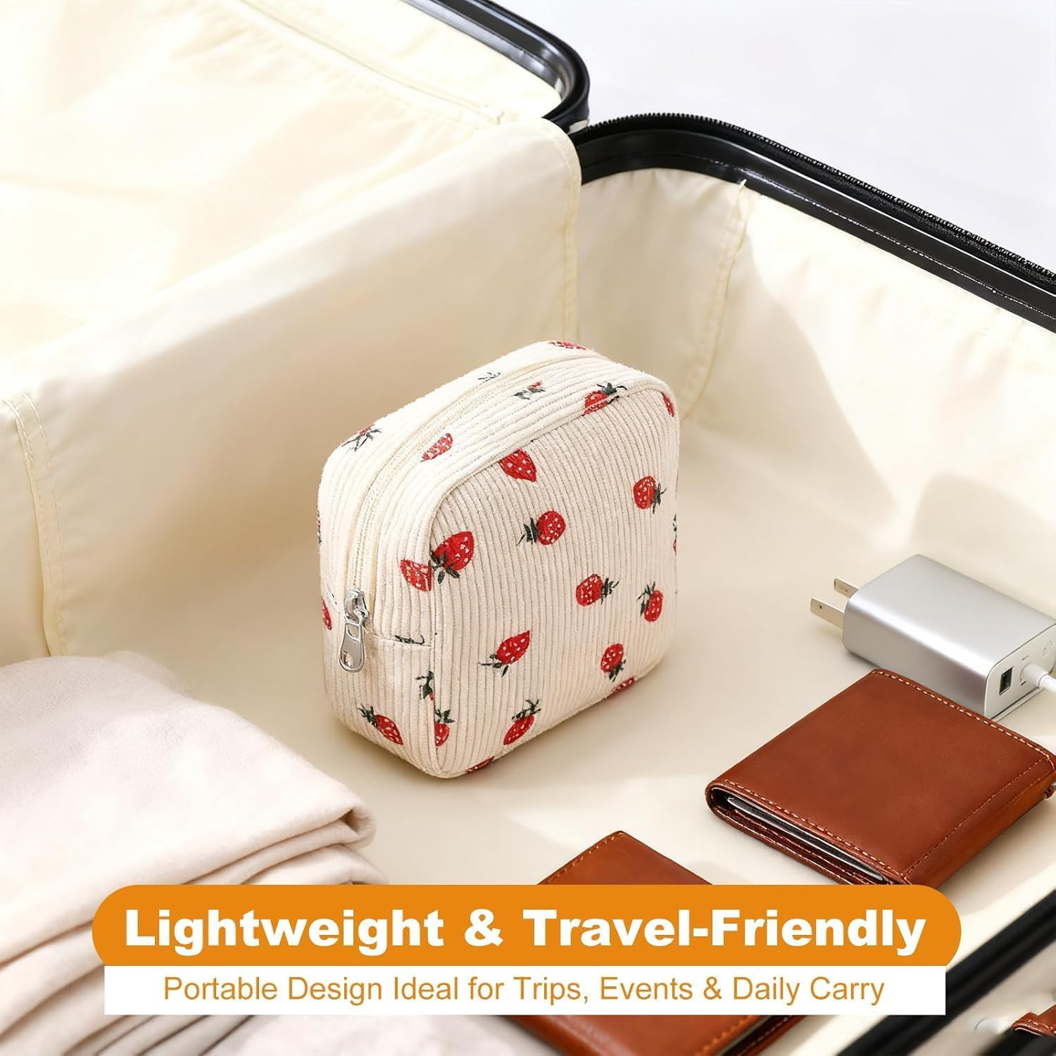 Travel Makeup Bag 2-Piece Set, Strawberry and Orchid Print Corduroy Cosmetic Pouches, Mini Toiletry Organizer with Compartments for Women image number 3