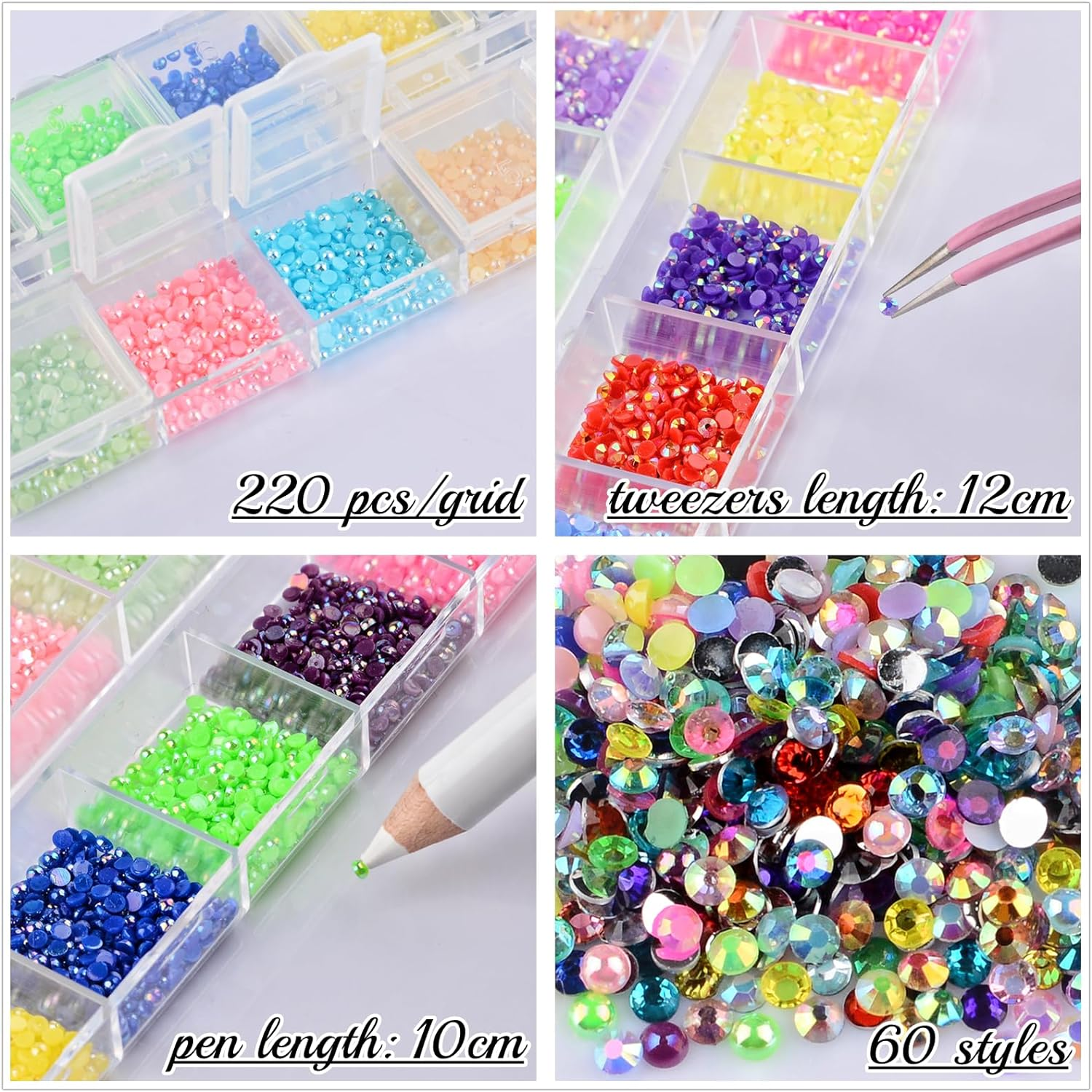 Kikonoke 5 Boxes Nail Art Rhinestones Half Pearls Kit 3D Flatback Jelly Crystal Gems Diamantes Design for Crafts Face Clothes Clothes Glass Decorations DIY (60 Colors 2Mm) image number 3