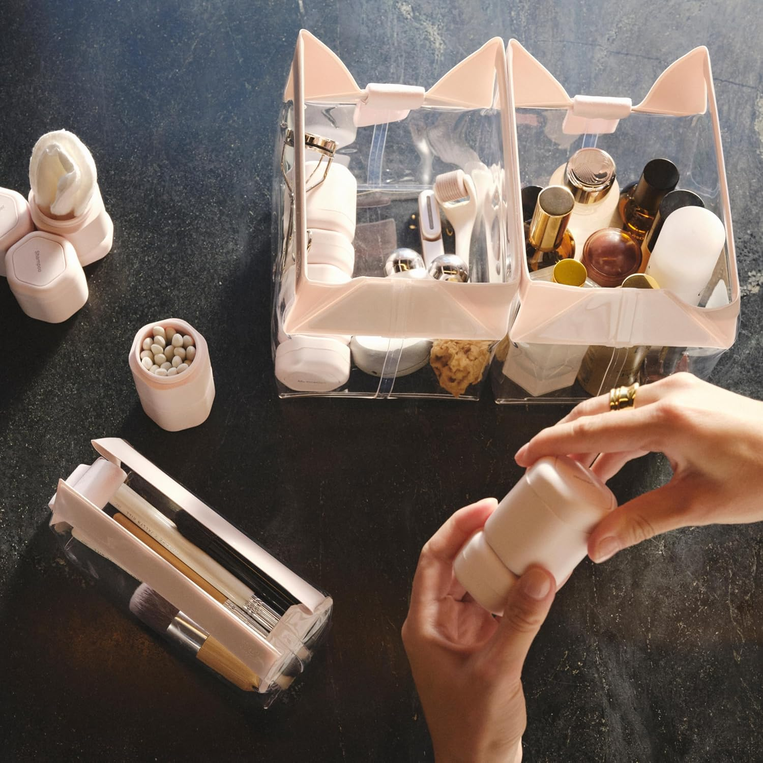 Cadence Travel Containers - Core Skincare Set - Magnetic Containers with Lids,2 Small (0.56Oz) & 3 Medium (1.32Oz) - Cleanser, Moisturizer, Serum, Makeup Remover & Sun Icon Labels - Petal image number 4