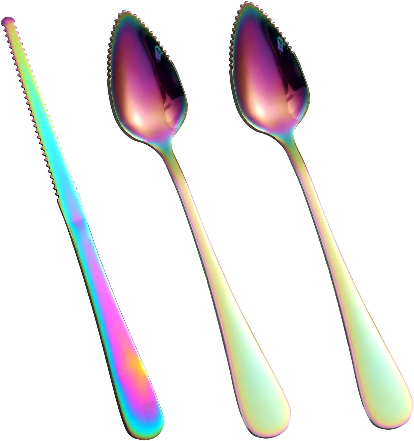 3Pcs Grapefruit Spoons and Knife Set with Serrated Edge, Stainless Steel Grapefruit Curved Serving Utensils for Citrus Lemon Kiwi Melon Lime Apple Puree Pitaya Fruit Eating Tool (Gold)