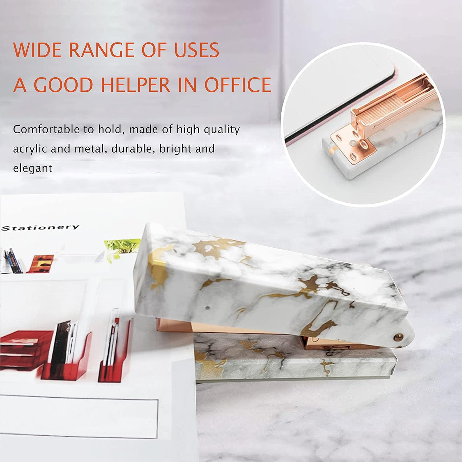 Famassi Rose Gold Marble Desk Accessories, Office Supplies Set Stapler Set Staple Remover, Tape Holder, Pen Holder, 2 Ballpoint Pen, Scissor, Binder Clips, Paper Clips and 1000Pcs Staples