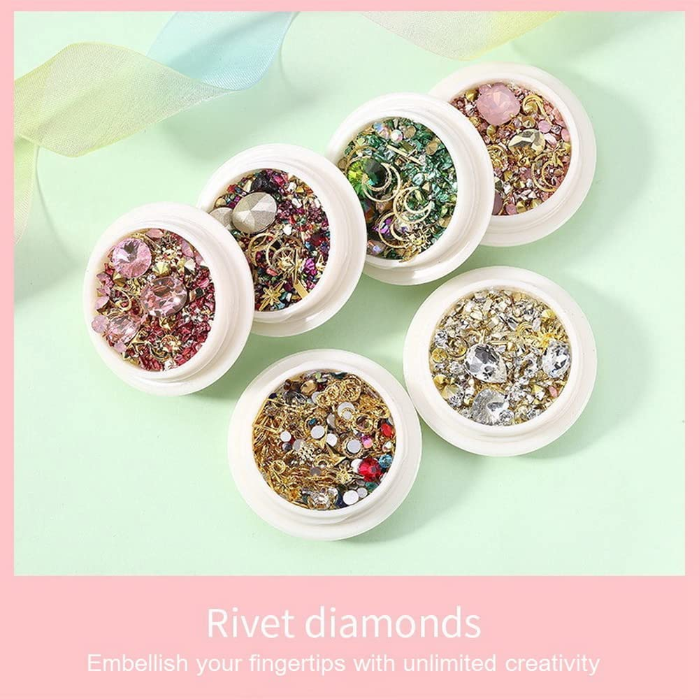 Ginojex DIY Manicure Art Design 3D Nail Charms Mixed-Style Pink Crystal Rhinestone Star Moon Metal Rivet Nail Decoration image number 3