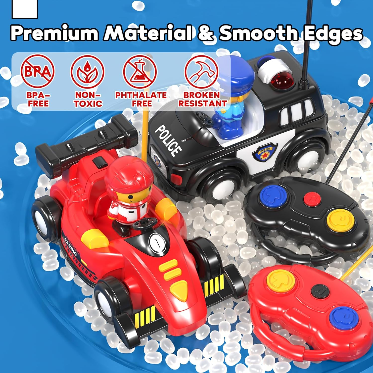 Lehoo Castle Remote Control Cars, Toys for 2 Year Old Boy, Remote Control Bumper Cars, 2 Pack RC Car Pop-Up Race & Police Car Toy, Gifts for 2 Year Old Boys with Lights & Music image number 6