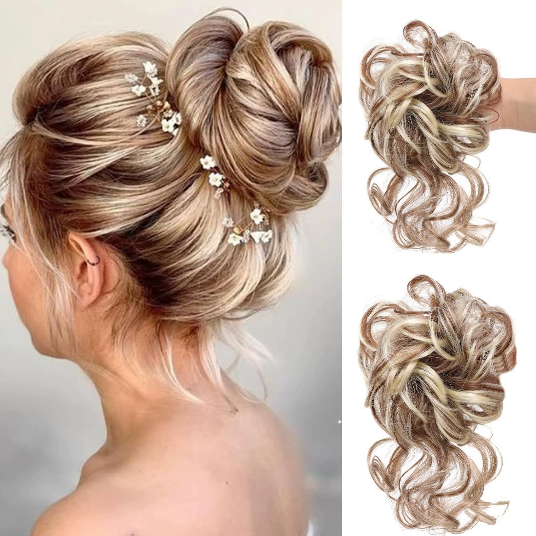 HQR Ponytail Hairpiece, Hairpiece with Elastic Band, Pony Hairpiece, Braid Extension, Large Bun Hairpiece, Hair Scrunchie with Hair, Curly Hair Bun Synthetic Hair Extension for Women Girls (A) image number 3