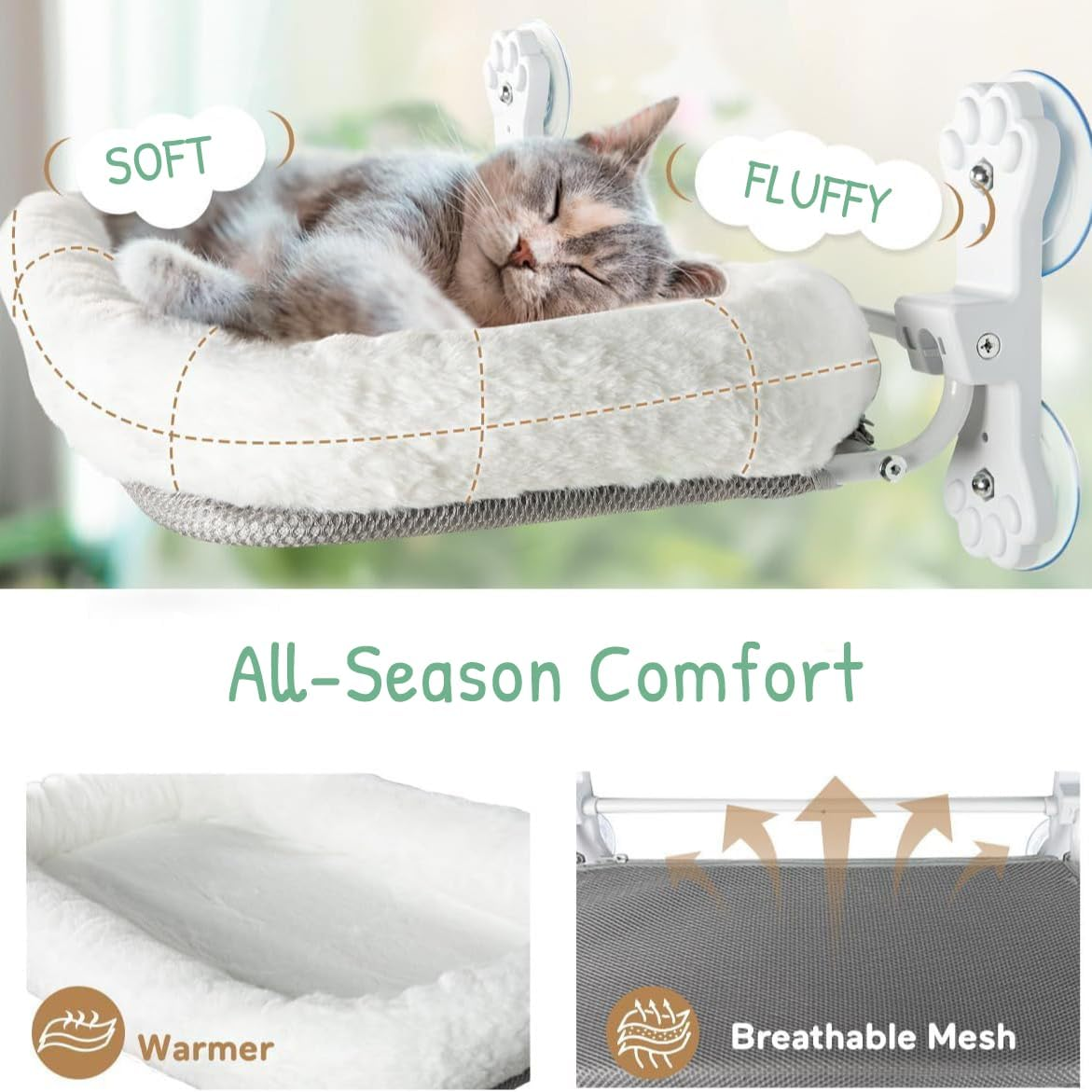 Foldable Cat Hammock for Window, Cat Window Perch with Removable Soft Cover, Cordless Cat Window Hammock for Large Cats, Machine Washable Cat Bed Cover and Solid Metal Frame(White Cushion Bed) image number 4