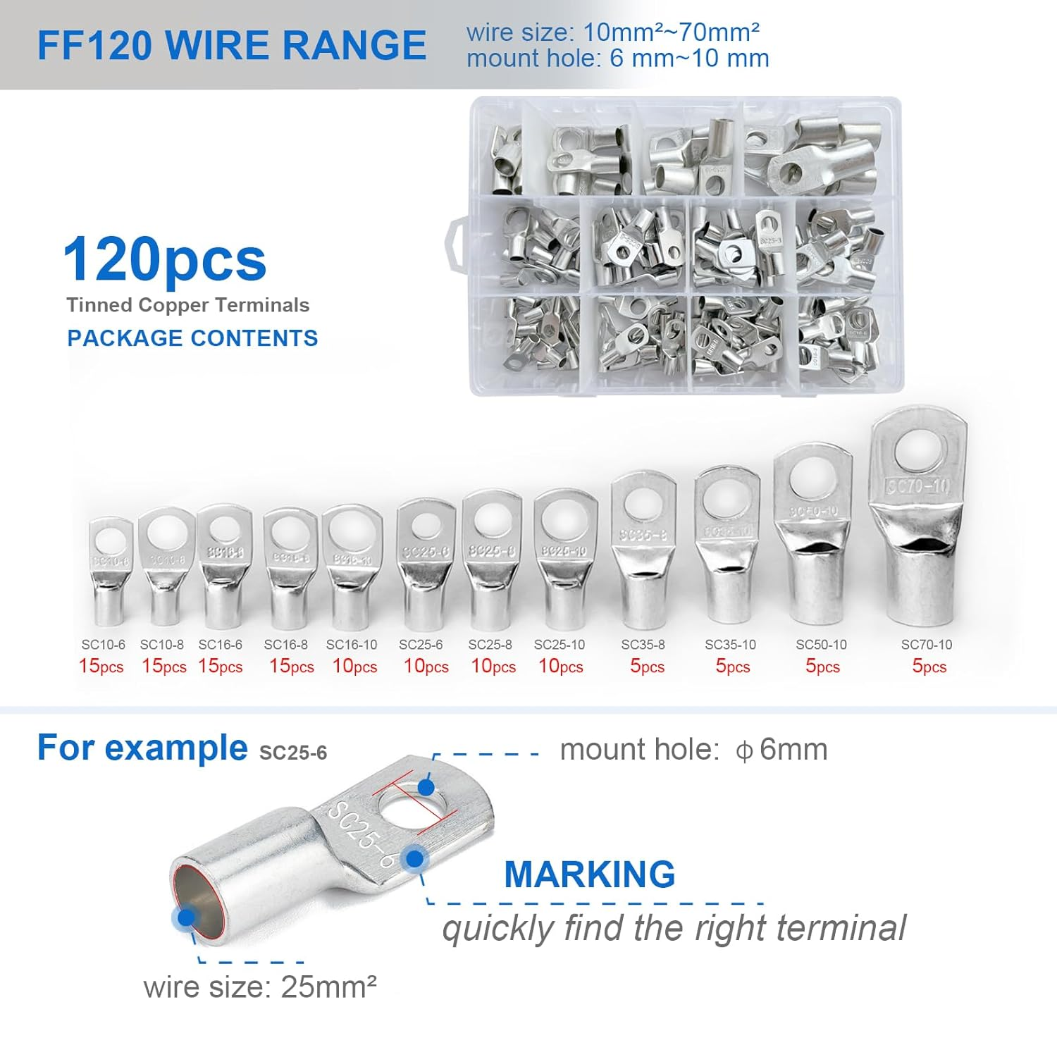 120PCS Heavy Duty Tinned Battery Cable Ends, 10~70Mm&sup2; Copper Eyelets Tubular, Wire Lugs Ring Terminals Connectors with Spy Hole Assortment Kit