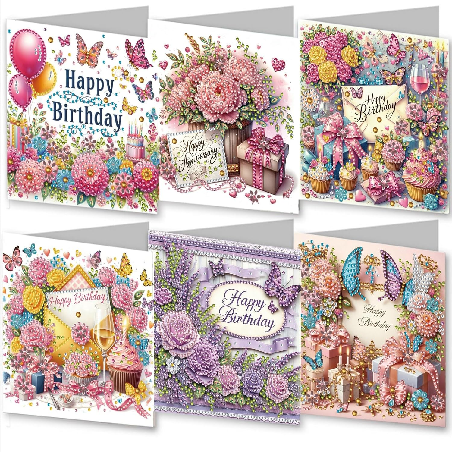 Awesocrafts 6Pcs Diamond Art Christmas Cards Kits Happy Birthday, Anniversary DIY Diamond Painting Cards Sets, 5D Crystal Art Card with Envelopes, Postcards for Handmade, Xmas 30 * 15Cm (Happy) - Flower image number 7
