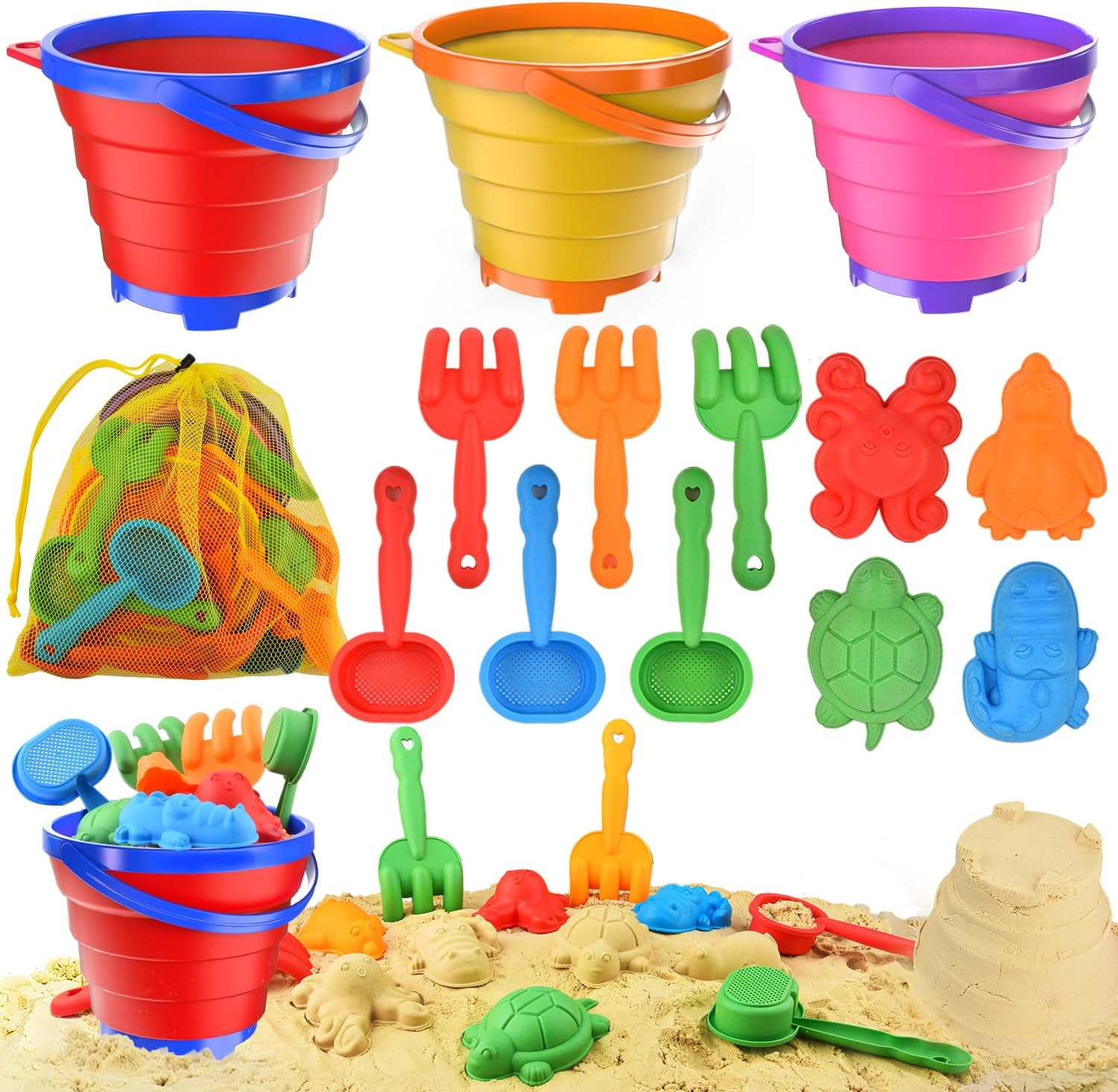 Sand Beach Toys for Kids, 3PCS Collapsible Sand Bucket, Shovel Set, Animal Molds with Big Mesh Bag, Travel Toys Fortoddlers Boys Girls Outdoor Beach Play Camping Bath Pool Water Play-14Pcs image number 4