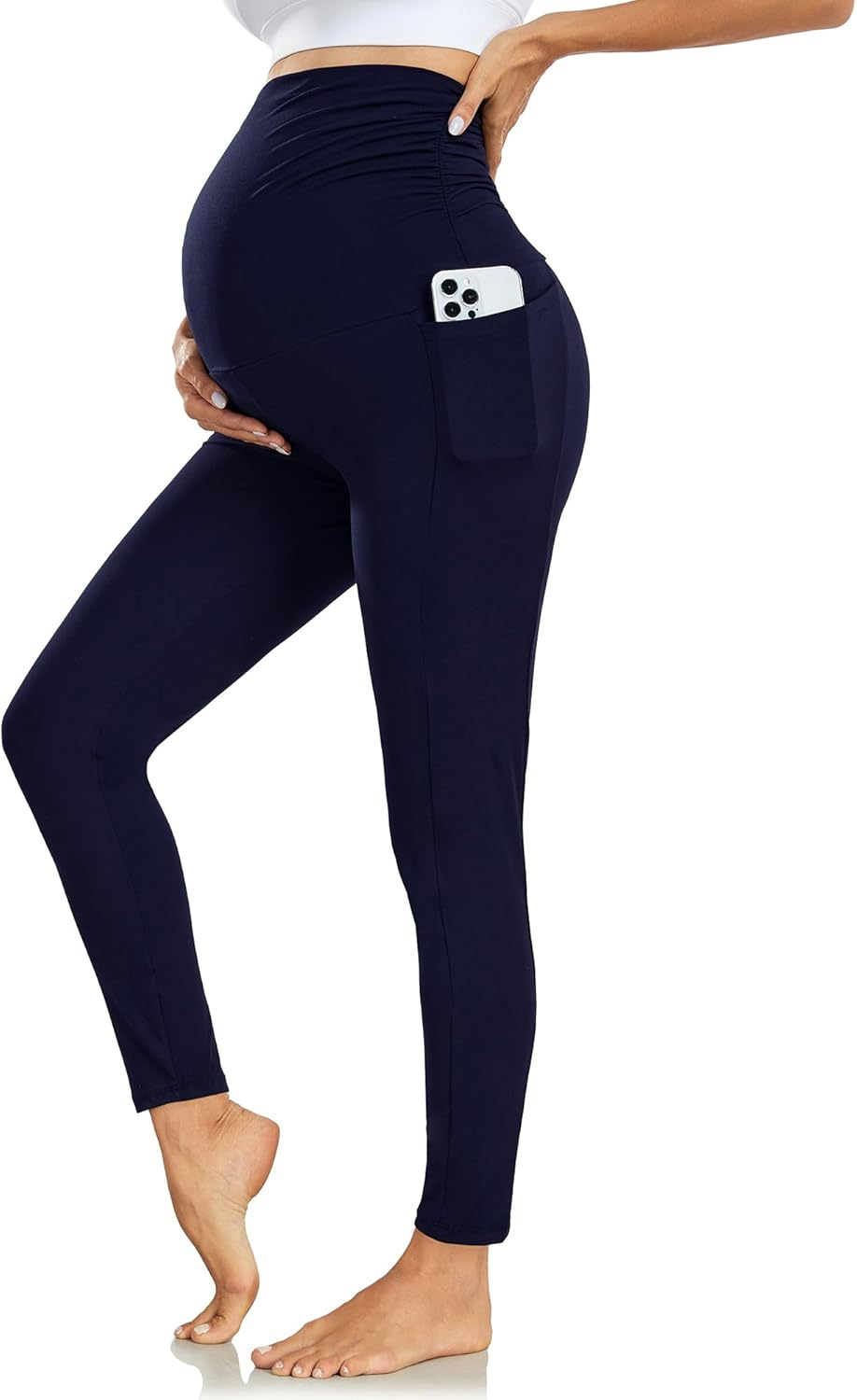 Women'S Maternity Leggings with Pockets High Waistband Pregnancy Leggings Opaque Elastic Maternity Leggings for Pregnant Women, Navy, XXL image number 4