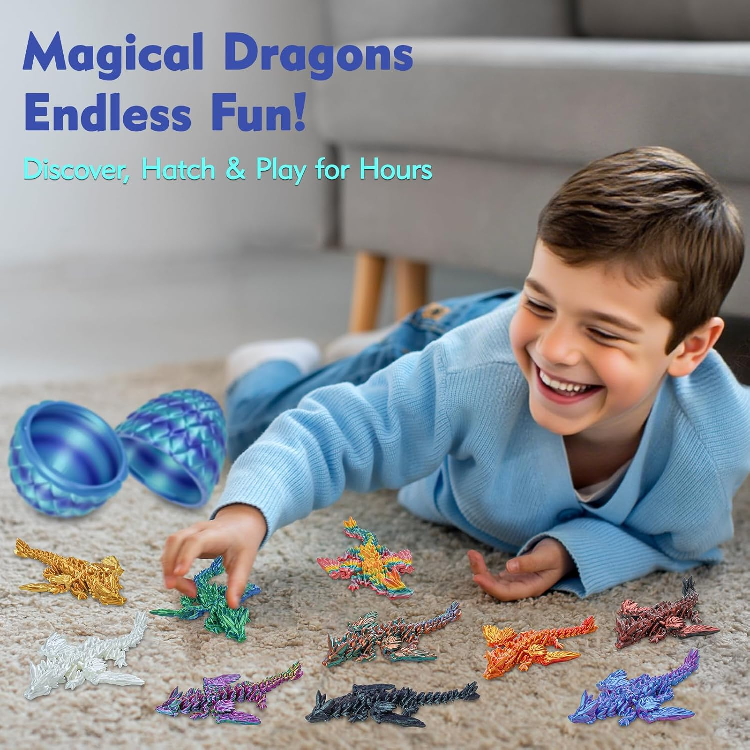 10Pcs Mini Flying Dragons in Dragon Egg 3D Printed Collectible Fantasy Toy Gift Set for Kids Boys Girls Teens Birthday Easter Christmas Stocking Party Favor Display(Starlit Blue) image number 1