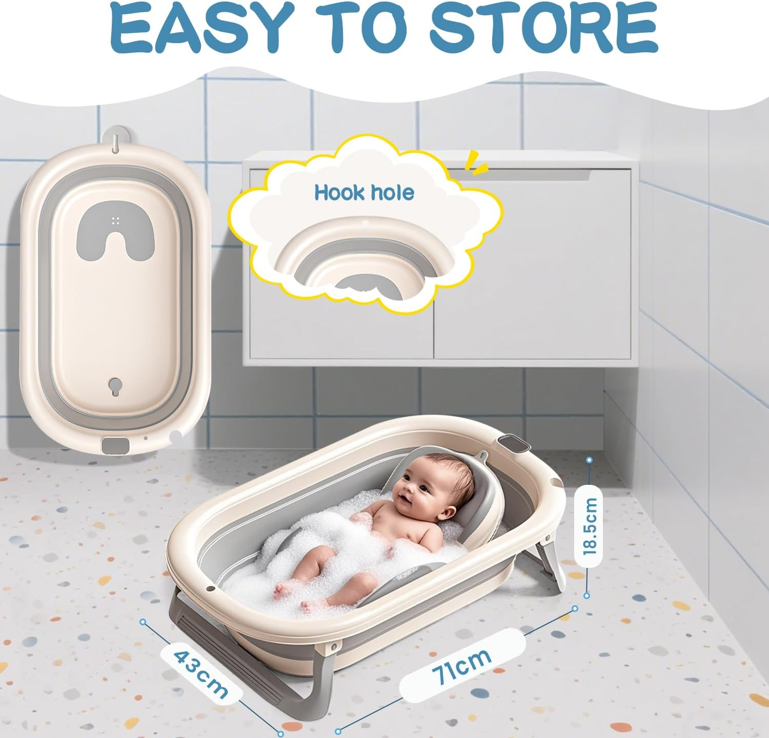 Xkimos Collapsible Baby Bath, Baby Bath Tub with Antibacterial Stand, for Newborns 0-36 Months, Perfect Portable Travel Baby Bathtub (Gray) image number 4