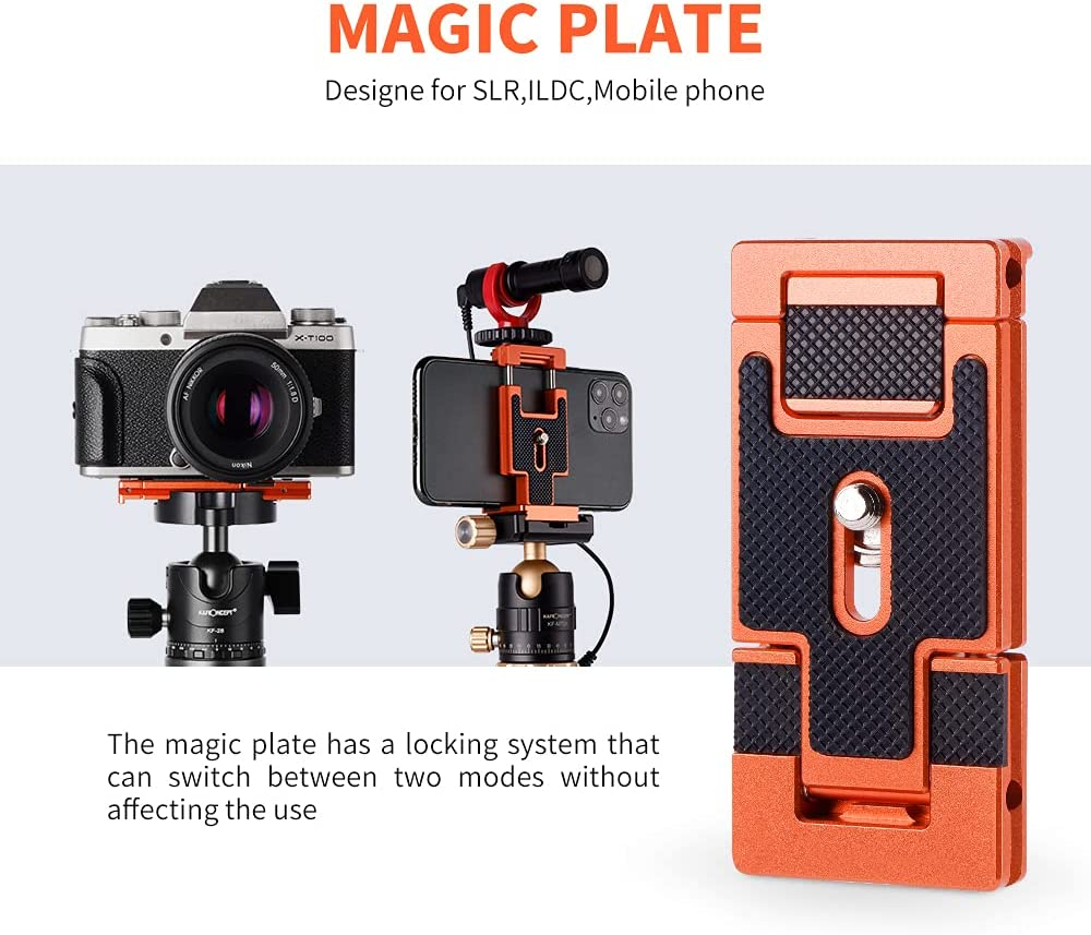 K&F Concept Smartphone Tripod Mount, Aluminum Alloy Lightweight Quick Release Plate with 1/4" Screw and Rubber Grip for Camera, Mobile Phone (Orange) image number 1