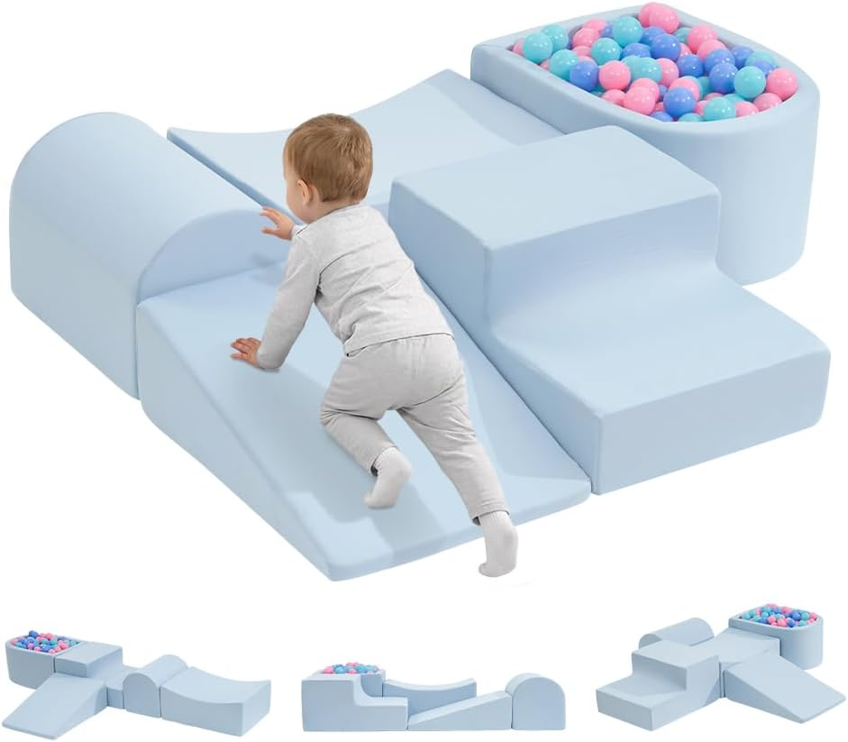 Playpals Soft Play Equipment, 5-Piece Crawl & Climb Foam Play Set, Colorful Foam Blocks for Toddler Infant Baby, Indoor Crawling Gym Equipment, Kids Educational Soft Play Set, Blue