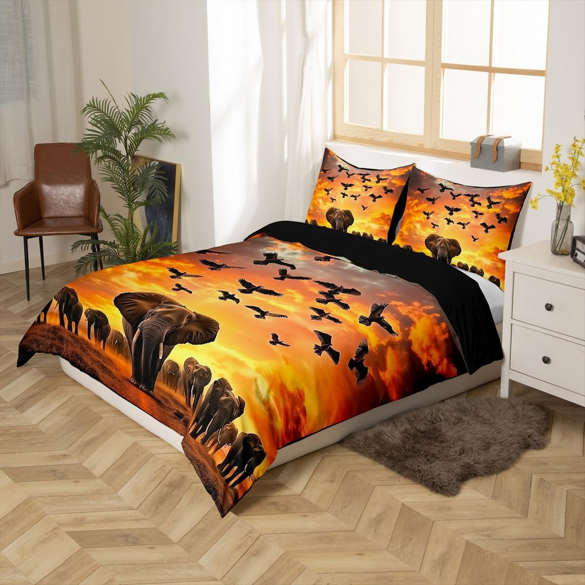 Homewish Elephant Animal Bedding Set 135 X 200 Cm, Wild Safari Theme Duvet for Children, Teenagers, Adults, African Elephant Print Duvet Cover, Aesthetic Nature Landscape Bed Sets image number 4
