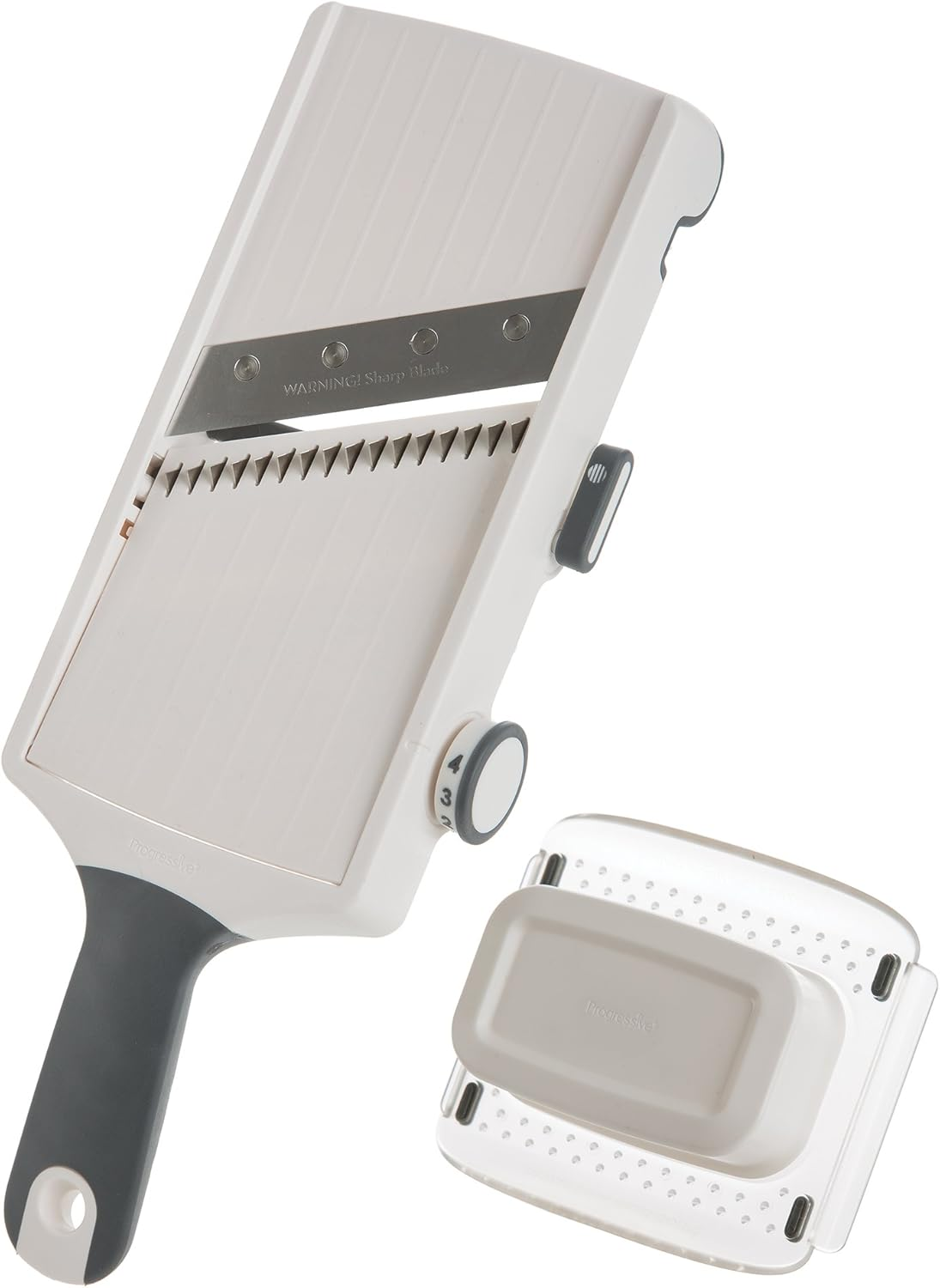 Progressive Hand-Held Adjustable Julienne and Slicer - Angled Stainless Steel Blade, Four Thickness Levels, Sturdy Hand Guard W/Strong Stainless Steel Prongs, Non-Skid Edge - White/Grey