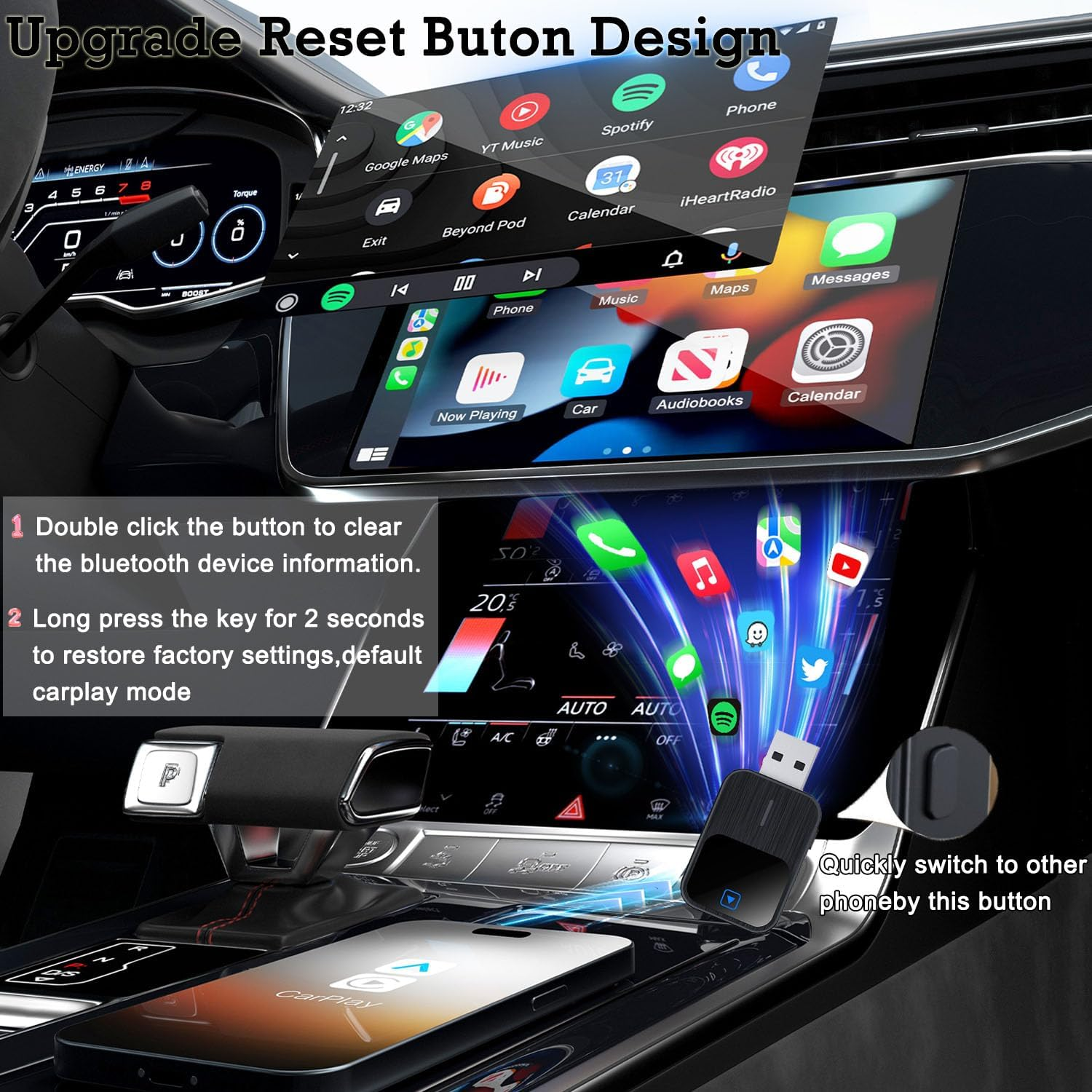 Wireless Carplay Adapter, 2-In-1 Wireless Carplay & Android Auto Adapter, Plug & Play Converts Wired to Fast, No Delay, with Reset Button for Iphone Ios 12+And Cars from 2016 (Black) image number 1