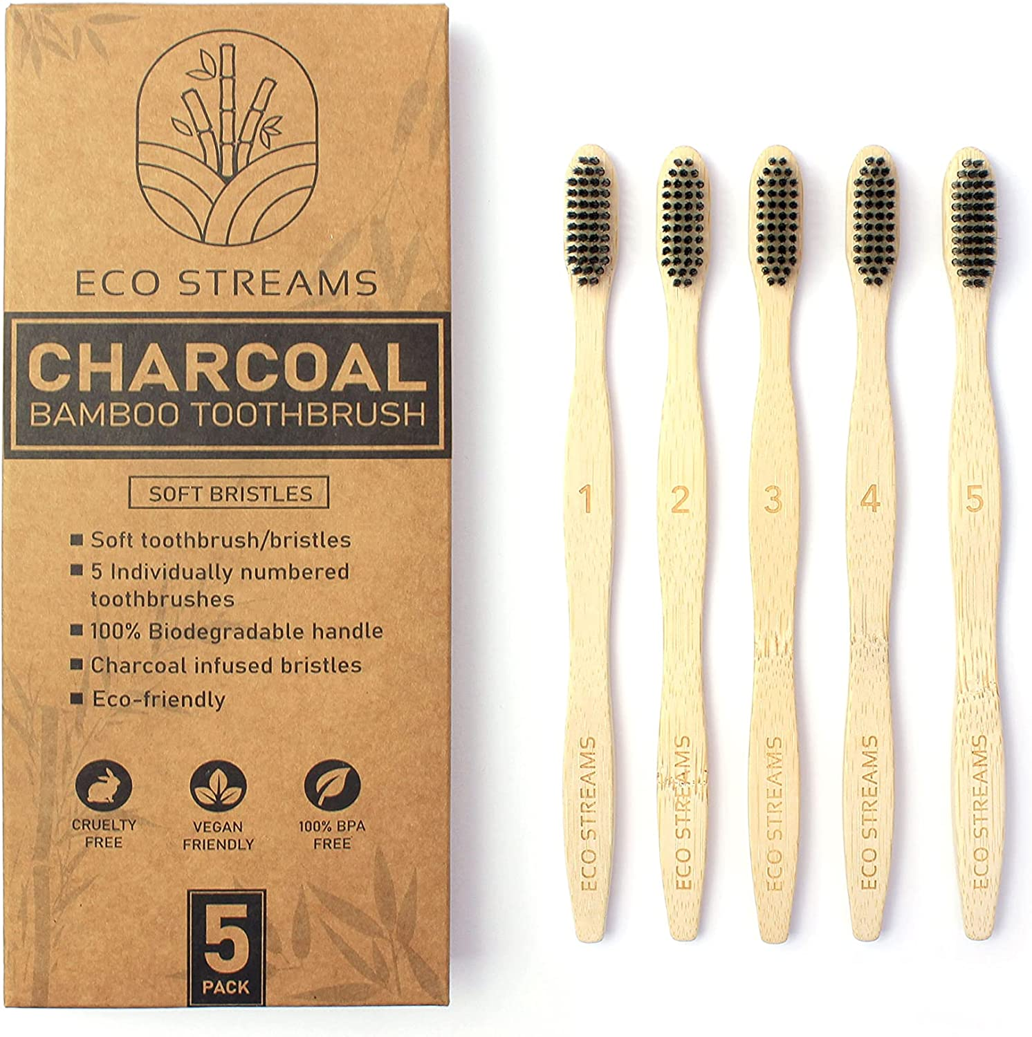 Australian Owned - Eco Streams Biodegradable Adult Bamboo Toothbrushes (Set of 5) - Soft Charcoal Infused BPA Free Bristles - Biodegradable Handle image number 3